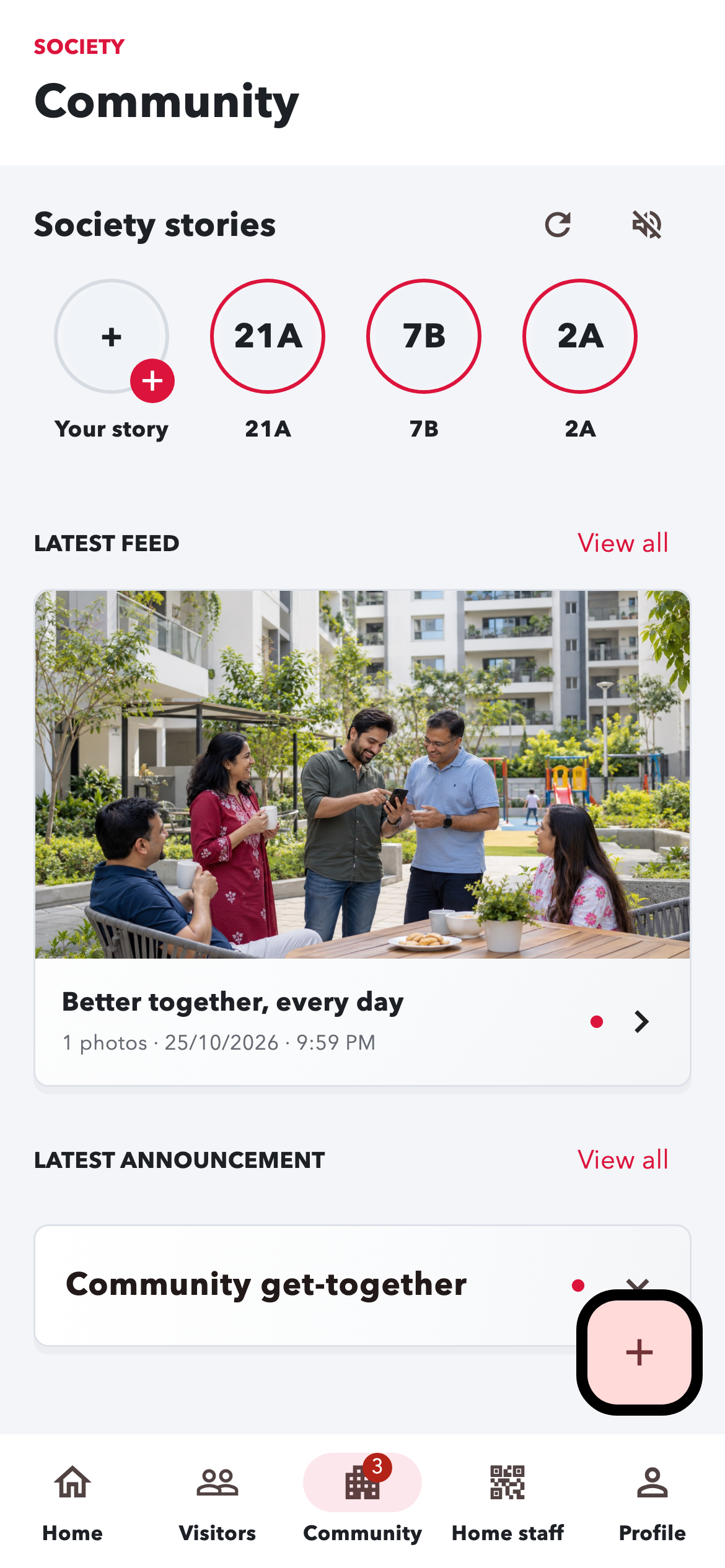 Resident community screen with society stories, photo feed and announcements
