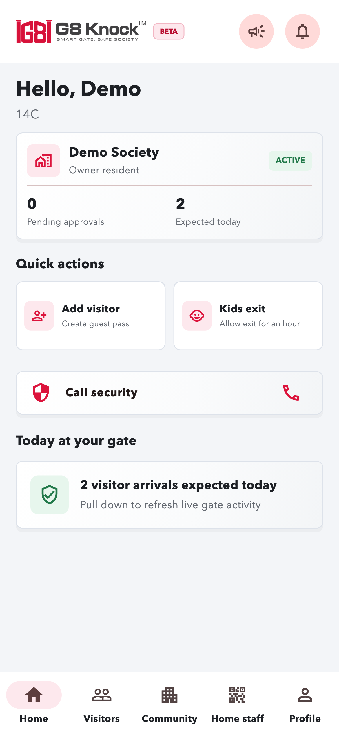 Resident home screen with visitor permissions and call security
