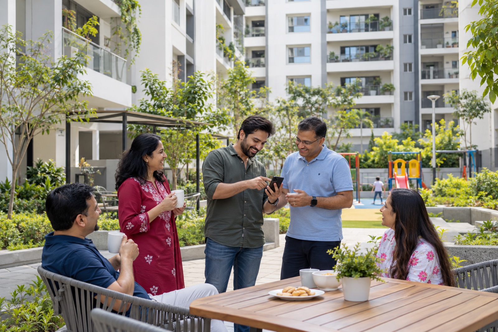 Residents chatting in the shared courtyard of an apartment society